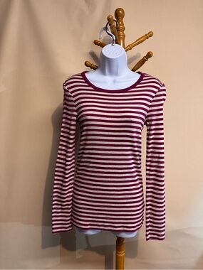 Women’s Striped Long-Sleeve Gap The Bowery Crewneck Top - Burgundy & Grey